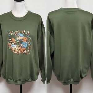 Vintage 90s Basic Editions Olive Green Teddy Bear Floral Fleece Lined Sweatshirt